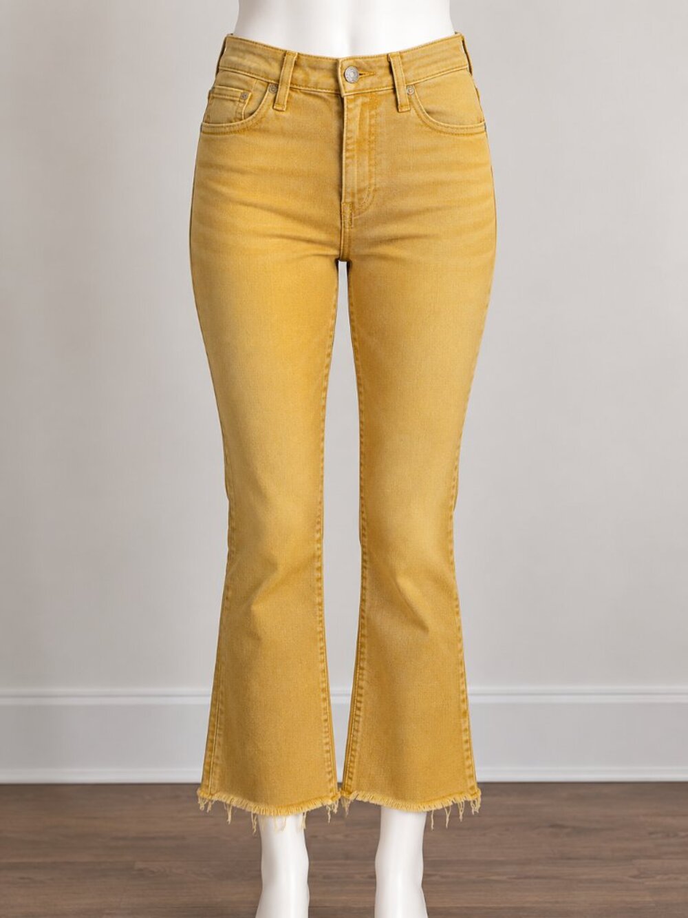 MOTHER The Hustler Ankle Fray Jeans 29 Tinsel Mustard Yellow Cropped Flare